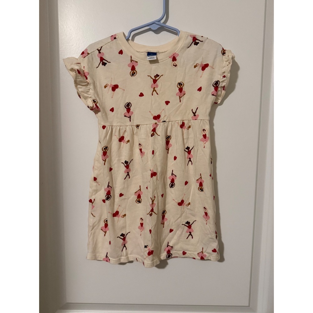 Old Navy Girls Ballerina Heart Print Flutter Sleeve Jersey Dress Cream Pink 3T